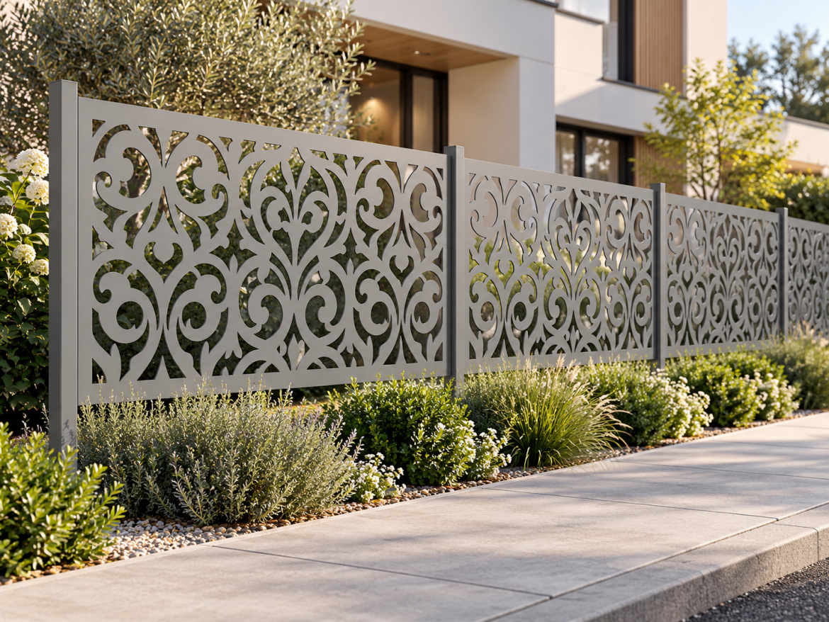 Clôture contemporaine avec panneaux décoratifs découpés sur mesure